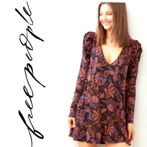 Free People Hello Lover Floral Tunic Dress Top Black Rutched Long Sleeve XS
